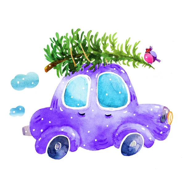 Mobil retro musim dingin berwarna air dengan ilustrasi pohon Natal dan bullfinch terisolasi di latar belakang putih. Gambar gambar tangan berwarna air ilustrasi.Sempurna untuk kartu ucapan Natal — Stok Foto