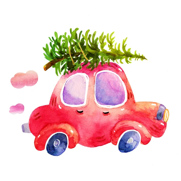 Acuarela Invierno coche retro con ilustraciones del árbol de Navidad aislado sobre fondo blanco. Acuarela dibujada a mano vintage illustration.Perfect para la tarjeta de felicitación de Navidad — Foto de Stock