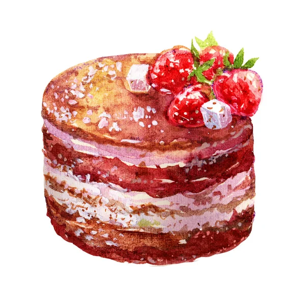 Akvarell choklad sockerkaka med jordgubbar illustration isolerade på vit bakgrund. Färska jordgubbar kaka med choklad topping. — Stockfoto