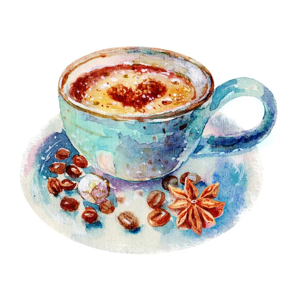 카푸치노 그림의 수채화 블루 컵입니다. 접시, 흰색 배경, 손으로 그린 수채화 그림에 고립 된 계 피와 커피 컵 — 스톡 사진