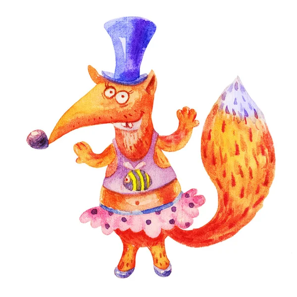 Akvarell färgglada lilla ljusa fox i tecknad barnslig stile. Hand ritning vacker akvarell fox flicka i cylindern i en rosa kjol tecknad ikon illustration isolerade på vit bakgrund. — Stockfoto