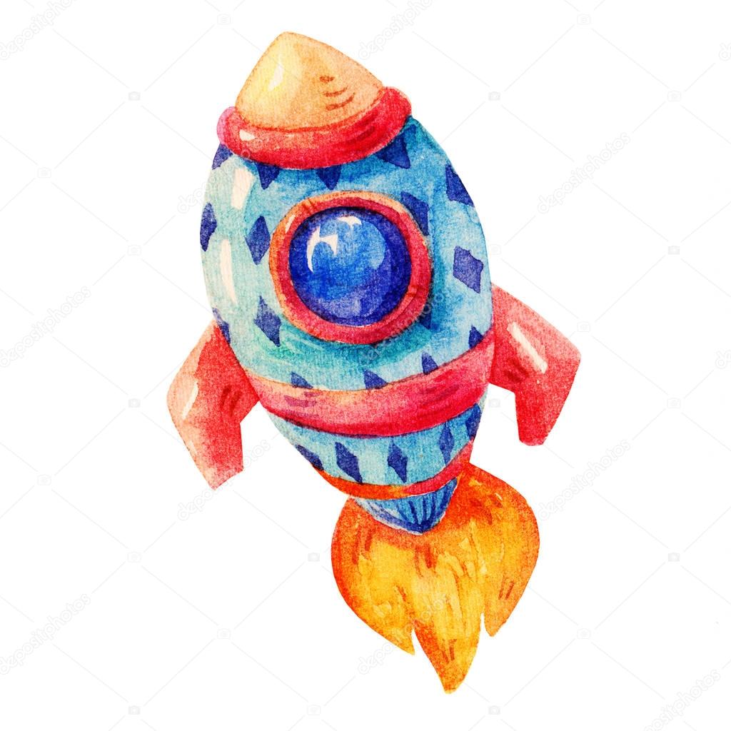 Watercolor Colorful rocket in cartoon childish stile. Hand drawing  Pretty watercolor rocket space icon illustration isolated on white background. 