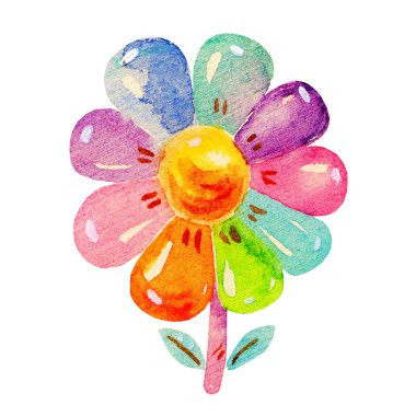 Renkli suluboya çiçek karikatür çocuksu stile. El beyaz arka plan üzerinde izole şirin suluboya çiçek simge tasarlamak çizimi. 