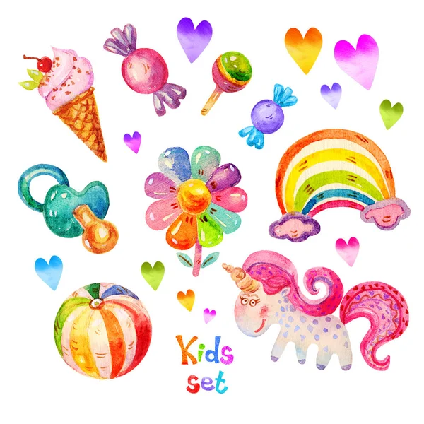 Coloridos niños acuarela ambientado en dibujos animados juguetes infantiles stile de unicornio, chupete, corazón, bola, flor, caramelo, helado, iconos del arco iris. Dibujo a mano lindos niños acuarela conjunto icono ilustración aislado sobre fondo blanco . — Foto de Stock