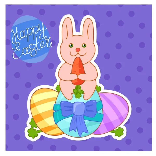 Conejo feliz conejo vector de Pascua con huevos de Pascua decorados ilustración colorida aislada sobre un fondo violeta . — Vector de stock