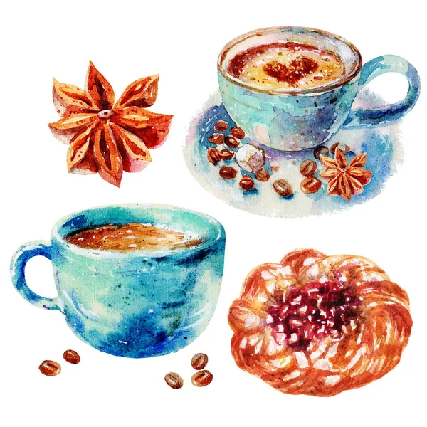 Watercolor Hand drawn Coffee with cinnamon and sweets puff bun with cherry and curd cream illustration isolated on white background. Coffee set is perfect for decoration Cafe — Stock Photo, Image