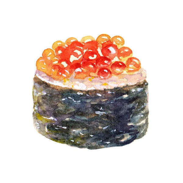 Színes akvarell Sushi elszigetelt fehér background kaviárral. Tökéletes design sushi étterem menü — Stock Fotó