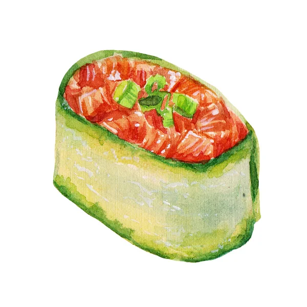 Söta färgglada akvarell sushi med gurka isolerad på vit bakgrund. Perfekt för design sushi restaurangmeny — Stockfoto