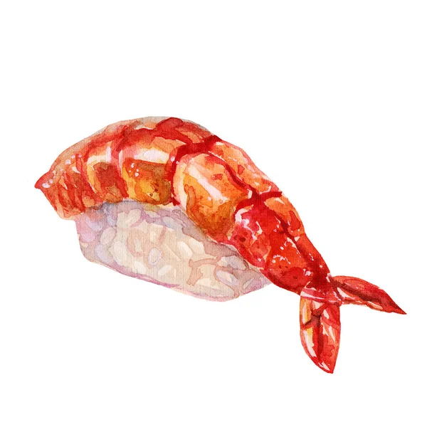 Χαριτωμένο πολύχρωμο σούσι ακουαρέλα με γαρίδες που απομονώνονται σε λευκό φόντο. Ιδανικό για το σχεδιασμό μενού εστιατόριο σούσι — Φωτογραφία Αρχείου