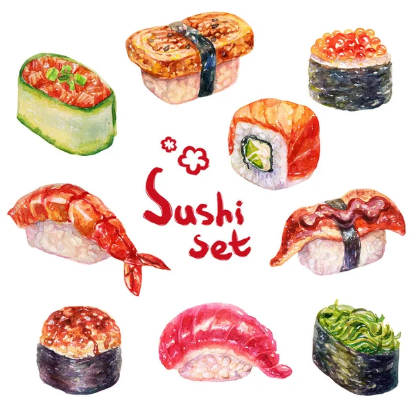 Akvarell sushi uppsättning vackra läckra japanska sushi illustration. Handritade objekt isolerad på vit bakgrund. — Stockfoto