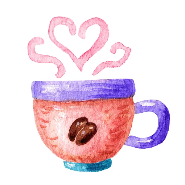 Декоративная чашка акварели с иллюстрацией кофе на белом фоне, икона кофе с ароматом акварели — стоковое фото