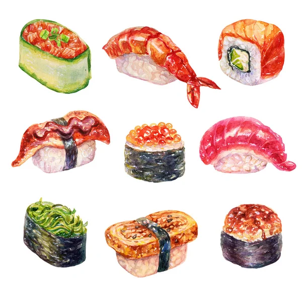 Akvarell sushi uppsättning vackra läckra japanska sushi illustration. Handritade objekt isolerad på vit bakgrund. — Stockfoto