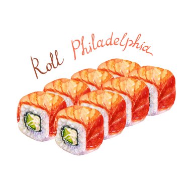Renkli sulu boya rulo philadelphia beyaz arka plan üzerinde izole. Tasarım suşi restoran menü için mükemmel. Japon yemekleri