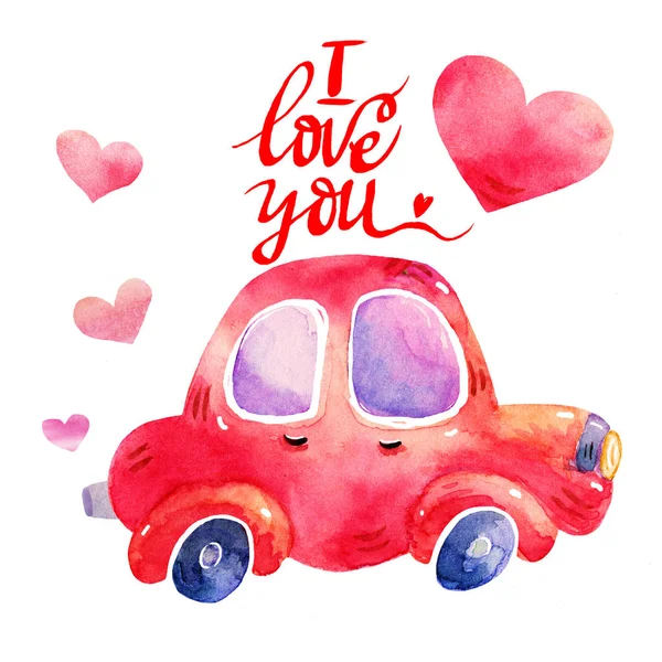 Aquarelle rétro rouge voiture illustrations isolées sur fond blanc. Illustration vintage dessinée à la main. Parfait pour le magazine de dessins animés pour enfants. Je t'aime lettrage — Photo