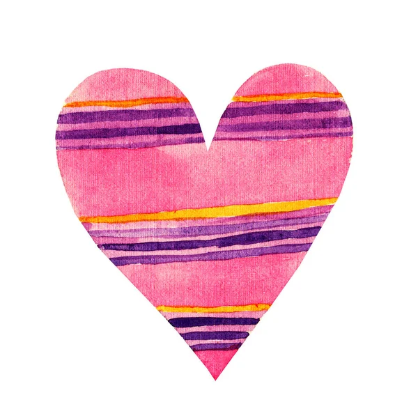 Beau dessin animé aquarelle amour coeur motif de valentines. Coeur rose coloré dans des illustrations rayées violettes isolées sur fond blanc. Parfait pour les vacances de valentines. Bon pour la carte d'amour, conception de félicitations de Saint-Valentin . — Photo