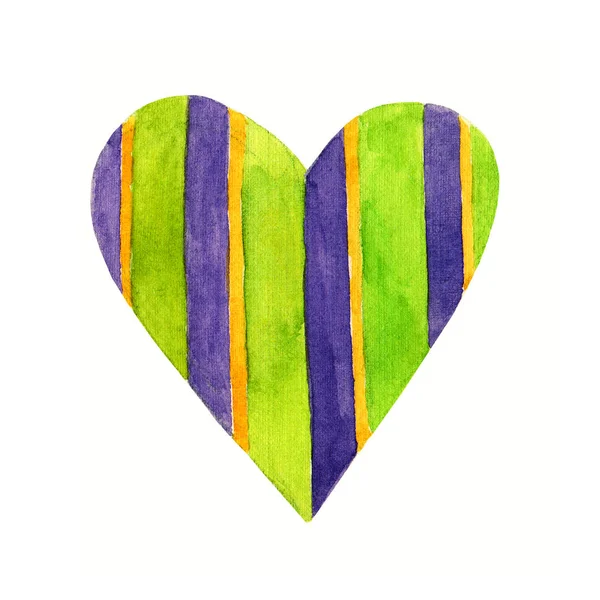 Beau dessin animé aquarelle amour coeur motif de valentines. Coeur vert coloré dans des illustrations rayées violettes isolées sur fond blanc. Parfait pour les vacances de valentines. Bon pour la carte d'amour, conception de félicitations de Saint-Valentin . — Photo