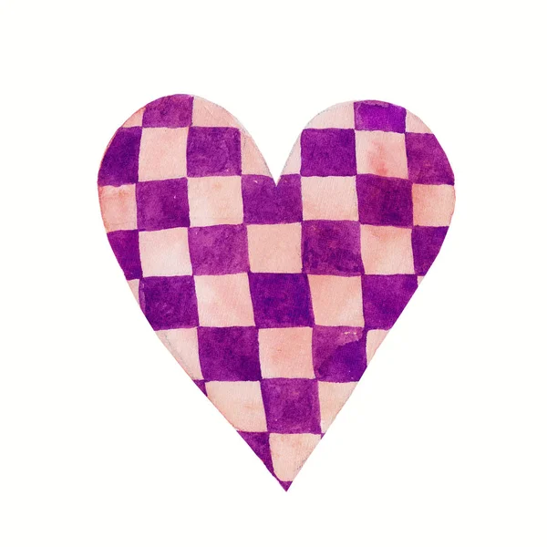 Aquarelle amour coeur motif de valentines. Coeur violet coloré avec des illustrations carrés isolés sur fond blanc. Parfait pour les vacances de valentines — Photo