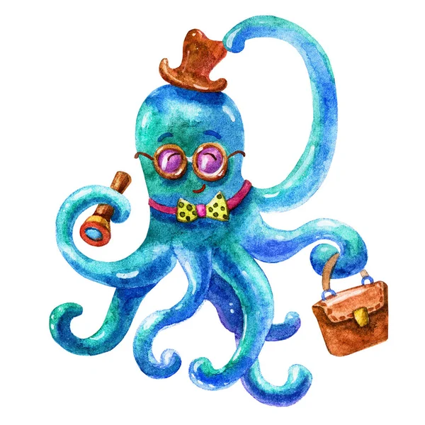 Cute blue business octopus-Octopus life.Wildlife brightly colored hand drawn watercolor style picture on white background.Colorful Travel watercolor illustration.Perfectly for the marine theme — Stock Photo, Image