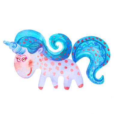 Suluboya el boyama mavi sihirli unicorn karikatür çocuksu stile içinde. El çizimi sulu boya pembe tek boynuzlu at çizgi film simgesi illüstrasyon izole beyaz arka plan üzerinde. 