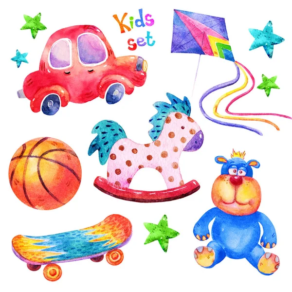 Colorful Watercolor kids set in cartoon childish toys stile of car,dog,star,Skate,kite,basketball,rocking horse illustration isolated on white background.Perfect for childrens book,shop,print,design — Stock Photo, Image