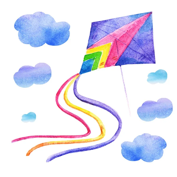 Cute Watercolor colorful kite air set Illustrations isolated on white background. Hand drawn vintage kite with clouds and retro design. — Stock Photo, Image