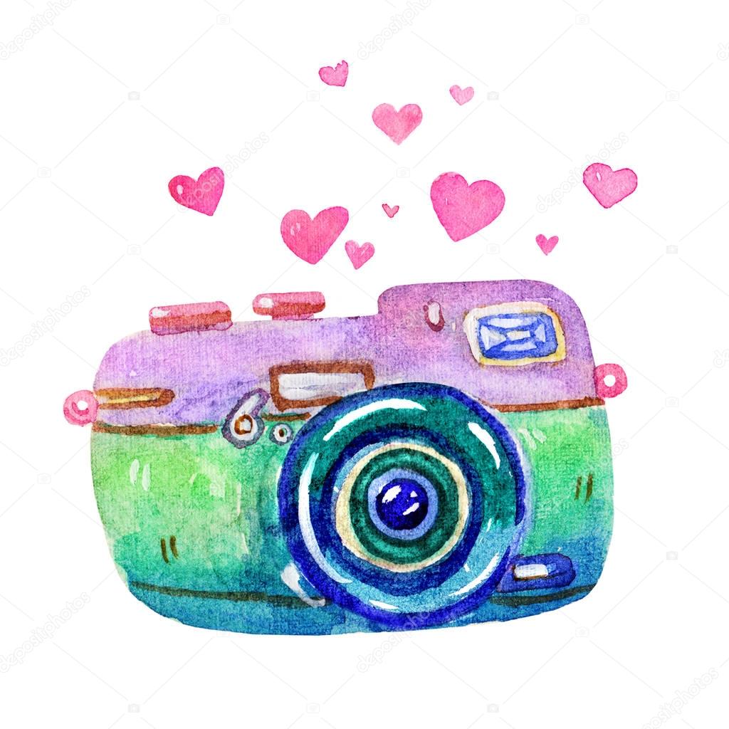 Cartoon Watercolor vintage photo camera illustration isolated on white background.Retro film camera.Passion for photography.Watercolor illustration,clip art perfect for logo,invitation,brochure