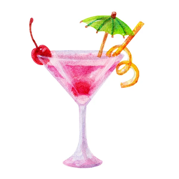 可爱的水彩鸡尾酒与孤立的白色背景上的樱桃和伞图图标。手绘插画。多姿多彩的旅游元素 — 图库照片