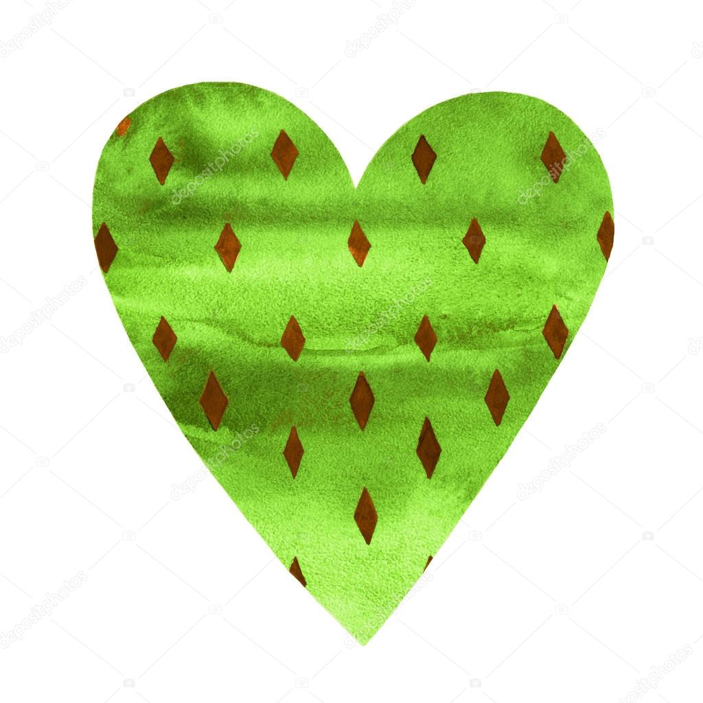 Cute Colorful watercolor green heart decorated with rhomb symbol illustration isolated on white background. Heart shape color hand drawn sign. Good for love card, valentine day congratulation design