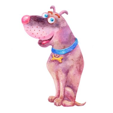 Beyaz arka plan üzerinde izole şirin suluboya renkli gülen kahverengi köpek illüstrasyonlar. Elle çizilmiş vintage köpek ve retro tasarımı. Tebrik kartı, poster, sevimli, tatlı köpek