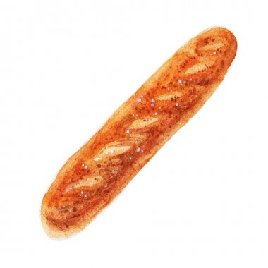 Renkli suluboya el baget illüstrasyon izole, beyaz zemin üzerine çekilmiş. Ayrıntılı görüntü fırın ürünleri, ekmek vintage tarzı.