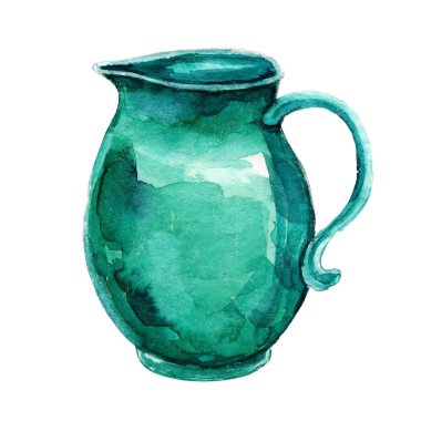 Beyaz arka plan suluboya el boyama turkuaz sürahi Provence illüstrasyon izole. Vintage elle çizilmiş kroki tasarımı. Provence stili