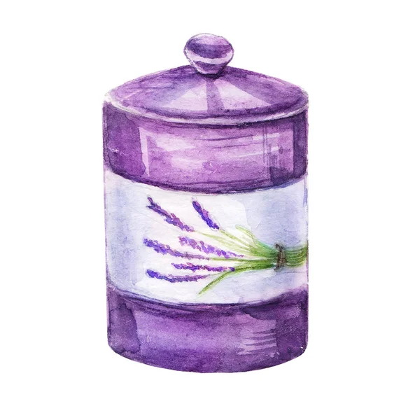 Akvarelu ručně malované sklenice Provence s levandule Tisk obrázku na izolované bílém pozadí. Vintage fialový Jar design zblízka. Provence styl — Stock fotografie