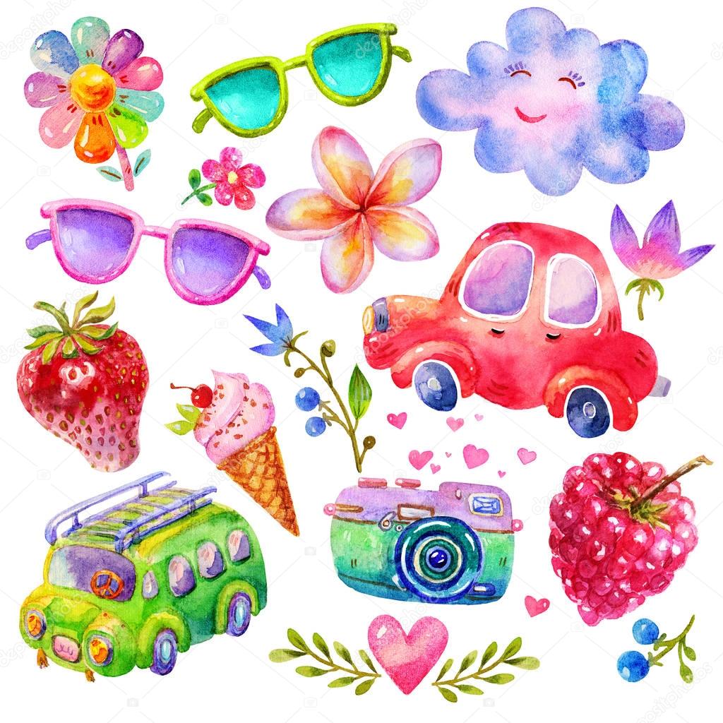 Cute Hand drawn Cartoon summer Watercolor set. Cloud, flower, strawberry,lotus,lily,glasses,heart,camera, ice cream, bus, car, raspberries illustration isolated on white background. Perfect for garden