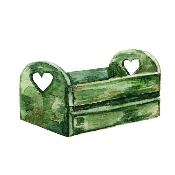 Lindo acuarela mano pintura verde pintado caja de madera de Provenza ilustración aislado fondo blanco. Diseño de boceto dibujado a mano vintage. Estilo Provenza . — Foto de Stock