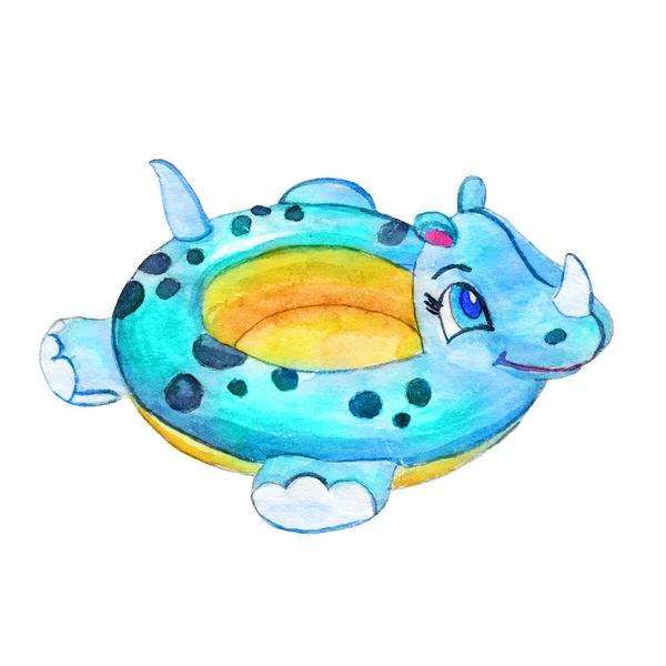 Bague de natation aquarelle dessinée à la main Illustration d'hippopotame fond blanc isolé. Été Cartoon Travel Blue Lifebuoy Image — Photo