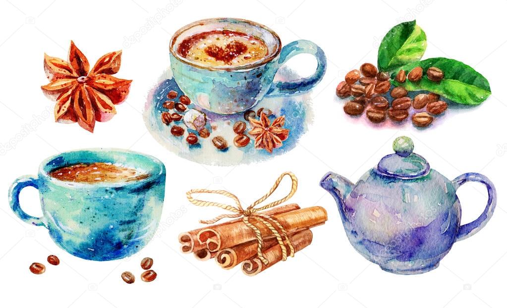 Watercolor Hand Work Original Coffee With Cinnamon, Cappuccino, Cinnamon Rolls And Teapot Illustration Isolated On White Background. Hand Drawn Collection Sketch Illustration Set With