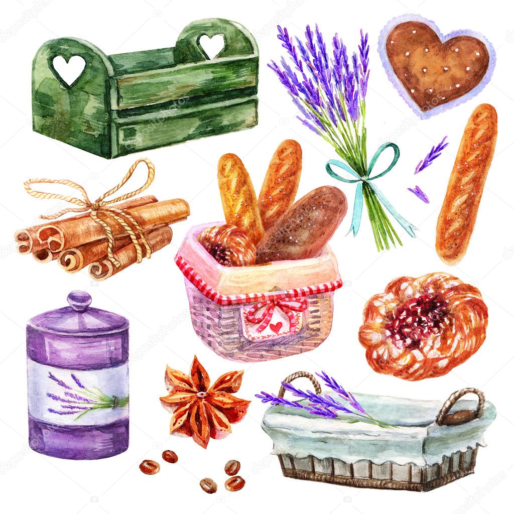 Watercolor hand painting Provence set.Wicker basket for bread,Baguette,lavender,cinnamon,grain coffee,wooden basket,jar of spices,bun with cherry,vintage heart illustrations isolated white background.