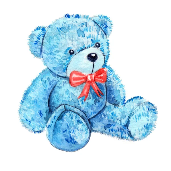 Desenhos animados bonitos Watercolor Plush Toy Blue Bear Illustration.Comic Character Image.Hand Imagem de urso colorido desenhado isolado em fundo branco.Perfeito para crianças Livro, Loja, Impressão — Fotografia de Stock