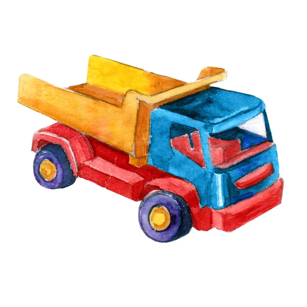 Beyaz arka plan üzerinde izole suluboya retro oyuncak araba damperli kamyon illüstrasyonlar. Renkli elle çizilmiş vintage illüstrasyon. Mükemmel çocuklar çizgi film dergisi için