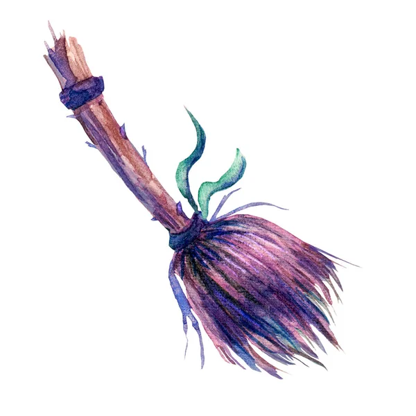 Cute watercolor Witches broom stick illustration isolated on white background. Old broom. Halloween accessory object. Perfect for Happy Halloween holiday — Stock Photo, Image