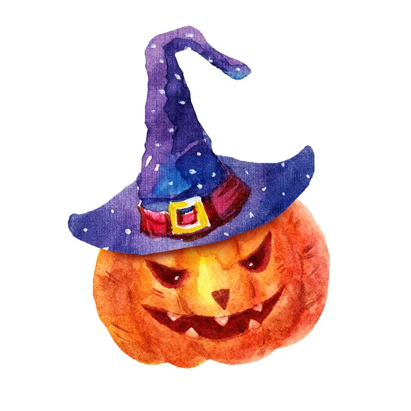 Roztomilý Akvarel zlé dýně klobouk obrázku izolovaných na bílém pozadí. Legrační akvarel dýňová ideální pro dovolenou Happy Halloween — Stock fotografie