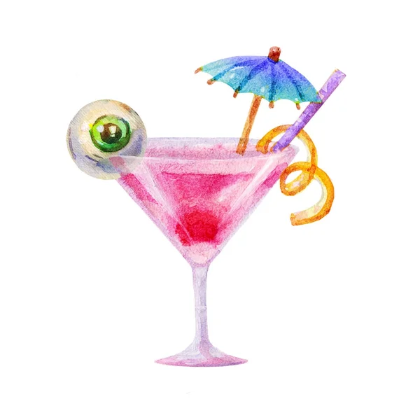 Ruční kreslení akvarel zombie koktejl s očí a deštník ilustrace izolované na bílém pozadí. Ideální pro Halloween den. Dobré pro Halloween blahopřání design — Stock fotografie