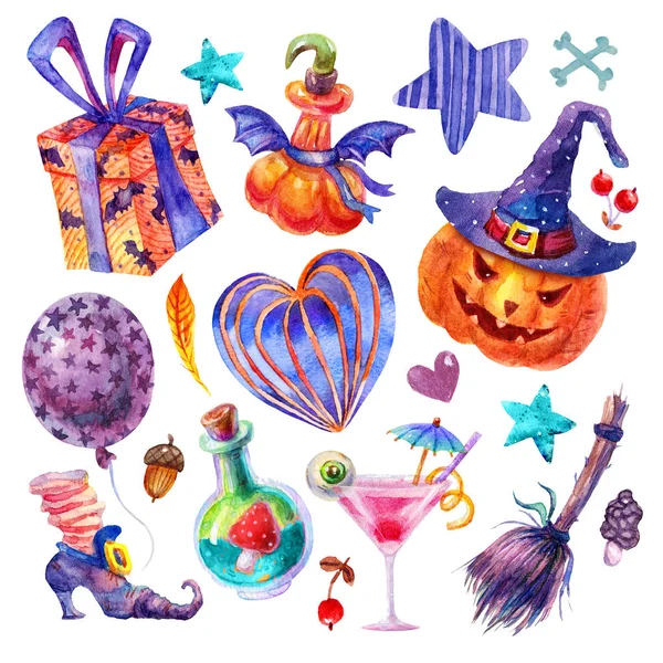 Söt akvarell in halloween-fest. Ballong, zombie cocktail, gåva, stjärna, hjärta, potion, öga, kvast, flugsvamp, pumpa i hatt, bär, blad, häxans boot, ben illustrationer isolerad på vit bakgrund — Stockfoto