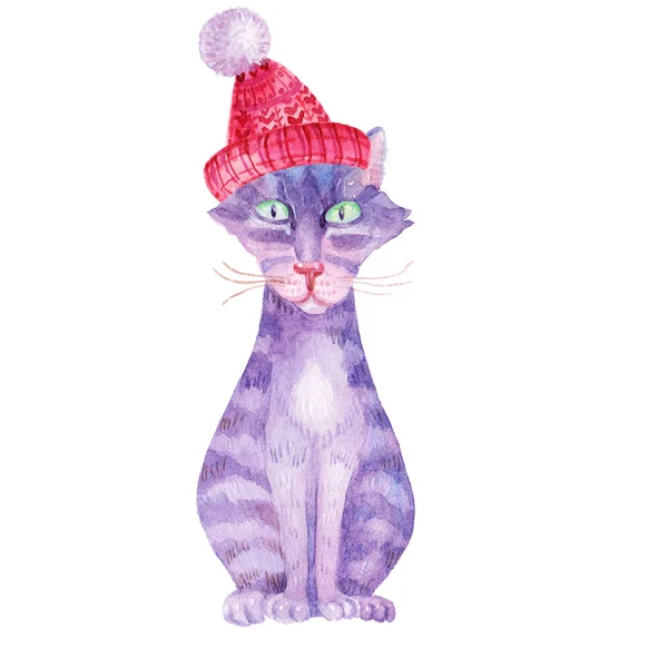 新たな年のクリスマス水彩縞模様の猫は、白い背景で隔離のイラストをキャップします。手描きのヴィンテージ猫とレトロなデザイン。グリーティング カード、ポスターが、かわいい、甘い猫 — ストック写真