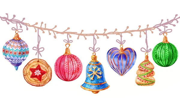 Akvarell varrat nélküli karácsonyi ikonok Christmas tree játékok, elemek gyűjtése és illusztráció. Szokatlan akvarell Garland újév nyomtatás, plakát, textil, ábra elszigetelt fehér Background Design — Stock Fotó