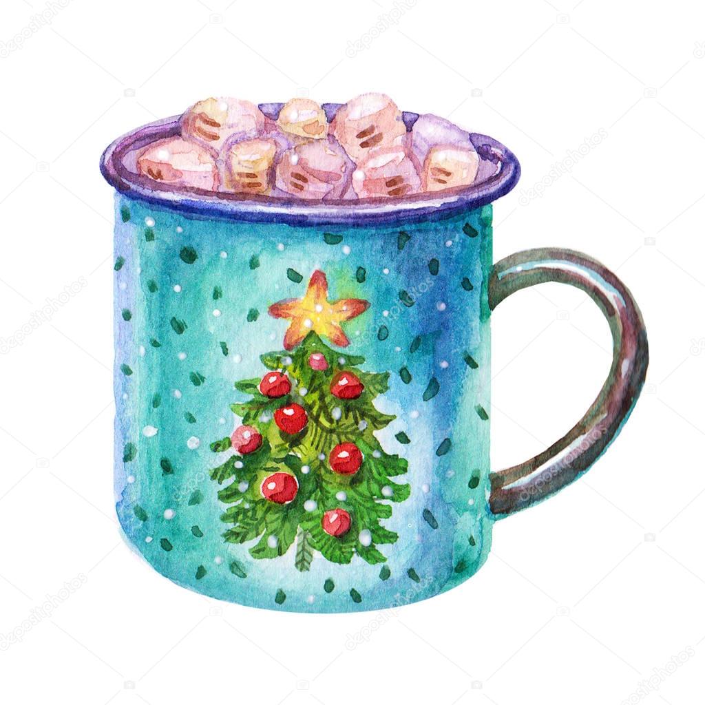 Colorful Watercolor Coffee marshmallow mug with Christmas tree illustration isolated on white background