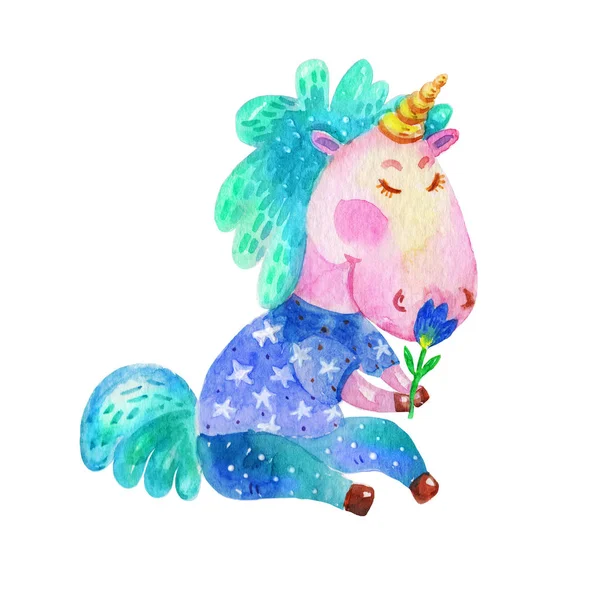 Lindo Dibujos Animados Acuarela Primavera Verde Unicornio con una flor Ilustración. Imagen colorida dibujada a mano del unicornio aislada en fondo blanco. Perfecto para el libro de los niños, tienda, impresión — Foto de Stock