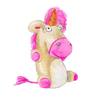 Çocuk renkli oyuncak. Oyun çocuklar için. Tek boynuzlu at. Sulu boya pembe Unicorn illüstrasyon izole beyaz arka plan üzerinde.