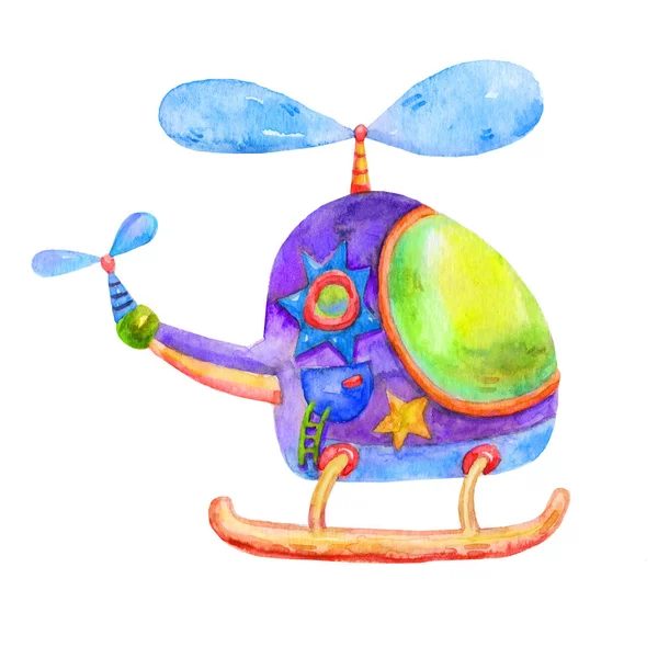 Helicóptero de colores acuarela en estilo infantil de dibujos animados. Dibujo a mano Dibujos animados Acuarela Helicóptero icono ilustración aislada sobre fondo blanco . — Foto de Stock