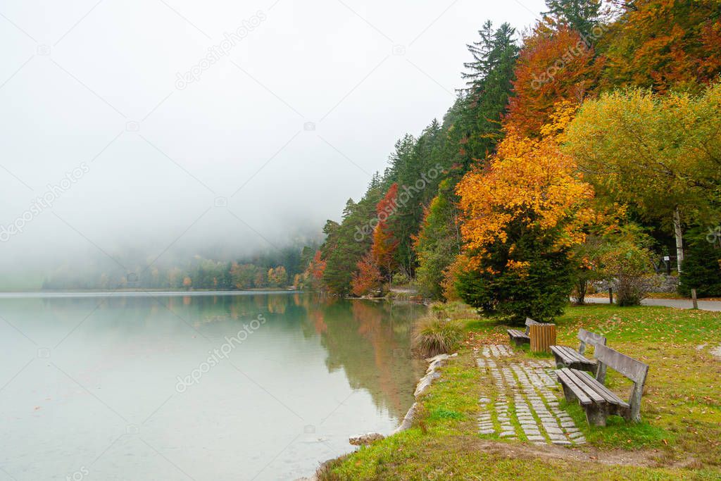 bench near lake in Bavarian Alps, Germany